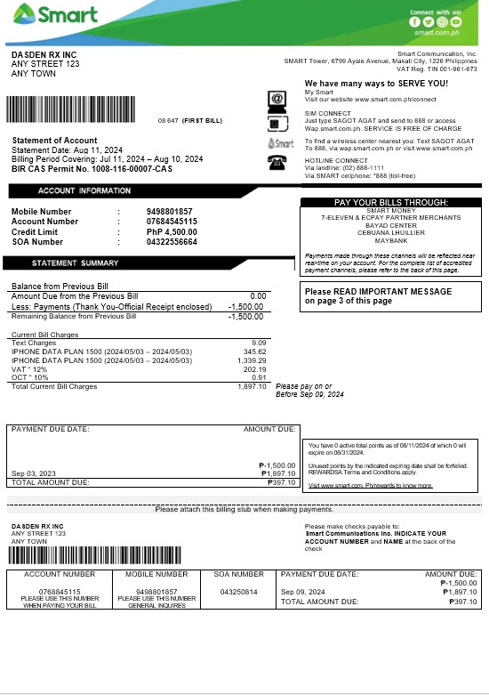 Philippines Smart business utility bill Word and PDF template PSD template